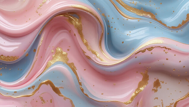 A swirling abstract pattern featuring soft pastel colors, including pink, blue, and gold, blended seamlessly together. The texture resembles fluid marbling, with hints of shimmer and tiny gold specks 