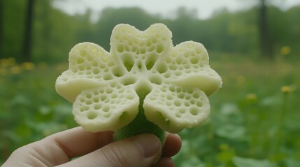 Canvas Print - Close-up of a hand holding a green, spongy flower-shaped object in a natural outdoor setting