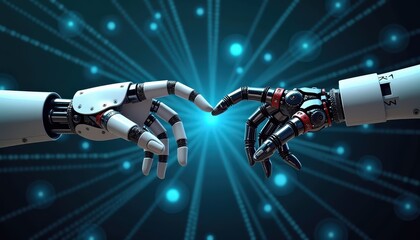 Poster - Two humanoid robots touching each other in a futuristic environment with bright lighting