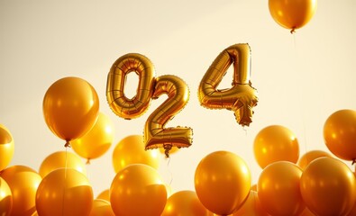 Wall Mural - Golden balloons, number 024, festive celebration, warm lighting, anniversary party, birthday decoration, floating balloons, shiny metallic numerals, helium-filled balloons, joyful atmosphere, golden g