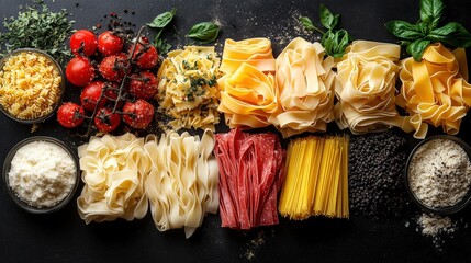 Canvas Print - A vibrant arrangement of various pasta types, fresh tomatoes, and herbs on a dark surface, ideal for culinary use