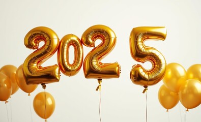 Wall Mural - Gold metallic balloons, 2025 numbers, New Year celebration, festive atmosphere, shiny foil balloons, white background, party decorations, helium-filled balloons, golden hues, celebratory mood, minimal