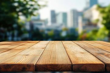 Wooden table with a city skyline in the background. The table is empty and has a lot of space