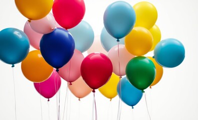 Wall Mural - Colorful balloons, vibrant hues, festive celebration, party decorations, floating in air, multiple balloons, cheerful atmosphere, helium-filled, red, blue, yellow, pink, green balloons, white backgrou