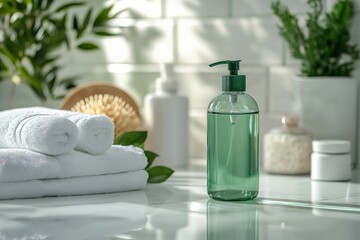 Canvas Print - A minimalistic scene featuring a green liquid soap bottle next to neatly stacked white towels and various skincare products