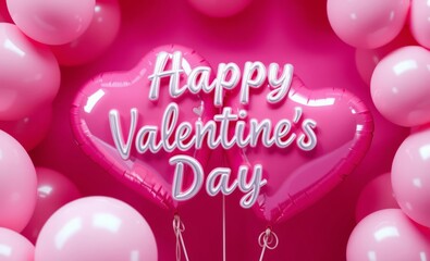 Wall Mural - Valentine's Day balloon, heart-shaped foil balloon, pink balloons, vibrant magenta background, festive atmosphere, romantic celebration, glossy balloons, metallic sheen, balloon arrangement, love-them