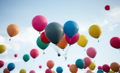 Wall Mural - Colorful balloons floating in a bright blue sky, vibrant party atmosphere, uplifting celebration, multicolored spheres against clouds, joyful outdoor event, helium-filled balloons drifting upwards, fe