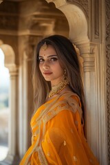 Poster - A young woman in a bright orange traditional outfit stands gracefully against an ornate architectural backdrop