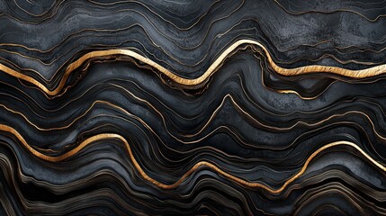 Poster - Black and gold abstract background featuring wavy lines and smooth curves for design projects
