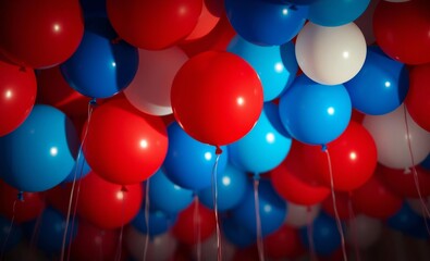 colorful balloons, red white and blue, patriotic colors, low angle view, ceiling decorations, party atmosphere, festive, shiny surfaces, clustered balloons, spherical shapes, vibrant colors, indoor ce