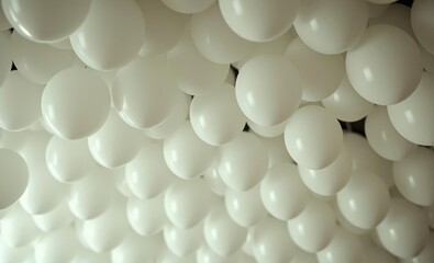 Wall Mural - Clusters of white balloons, close-up, textured surfaces, soft lighting, minimalist composition, repetitive patterns, monochromatic, floating spheres, party decorations, abstract background, voluminous