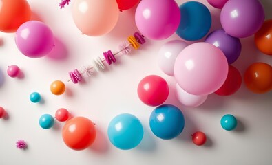 Wall Mural - Colorful spherical beads, pastel and vibrant hues, soft lighting, macro photography, white textured background, scattered arrangement, varied sizes, glossy surfaces, candy-like appearance, playful com