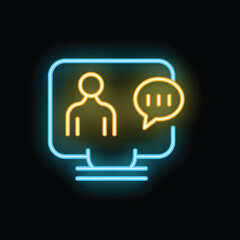 Poster - Glowing neon line icon of a person video calling on a computer screen, representing communication technology