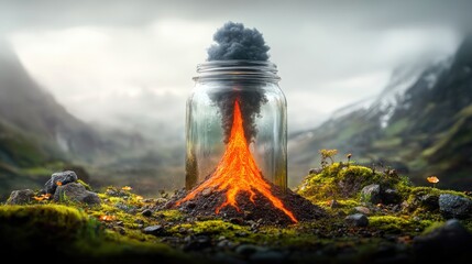 Miniature volcano erupting in a jar, mountain landscape background