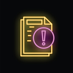 Poster - Neon icon of documents displaying an exclamation point for notification, indicating an important alert or message