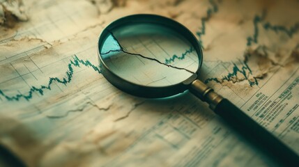 Poster - A cracked graph printed on a financial report, with a magnifying glass highlighting the recession trend.