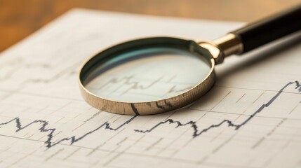 Poster - A cracked graph printed on a financial report, with a magnifying glass highlighting the recession trend.