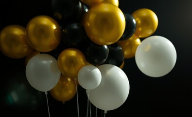 Wall Mural - Balloons floating, gold and white spheres, dark background, festive atmosphere, shiny surfaces, party decorations, metallic reflections, elegant celebration, contrasting colors, depth of field, cluste