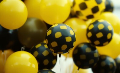 Wall Mural - Colorful party balloons, yellow and black checkered pattern, festive atmosphere, close-up shot, vibrant colors, glossy surface, celebration theme, blurred background, spherical shapes, contrasting tex