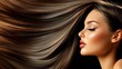 © Valentyna Prudnikova - Professional beauty portrait showcasing luxurious flowing brown hair with highlights, perfect makeup with coral lips, and flawless skin texture against dark background.