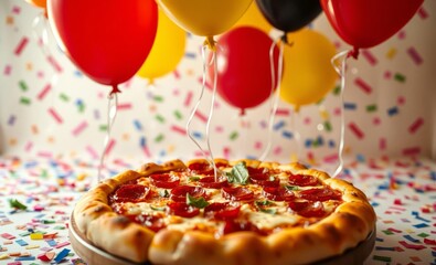 Wall Mural - Pizza, colorful balloons, birthday celebration, confetti background, festive atmosphere, party food, vibrant colors, closeup shot, warm lighting, appetizing, cheese and toppings, round pizza, string-t