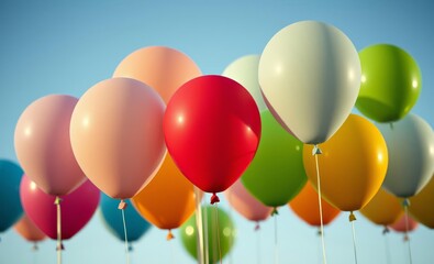 Wall Mural - colorful balloons, vibrant colors, blue sky background, festive atmosphere, close-up shot, party celebration, helium-filled, buoyant, cheerful mood, sunshine, floating, clustered together, red balloon