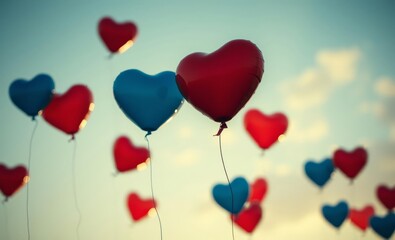 Wall Mural - heart-shaped balloons, red and blue hearts, floating in sky, soft focus, dreamy atmosphere, romantic mood, vintage color palette, teal sky, valentines day theme, love concept, whimsical, lightweight, 