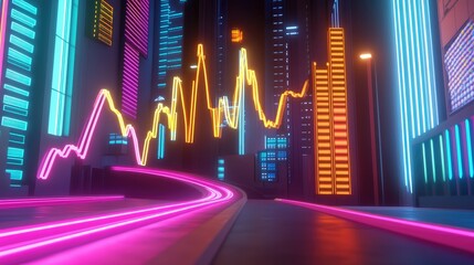 Poster - A dynamic stock chart with upward and downward trends, glowing in neon colors.