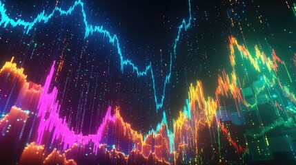 Poster - A dynamic stock chart with upward and downward trends, glowing in neon colors.