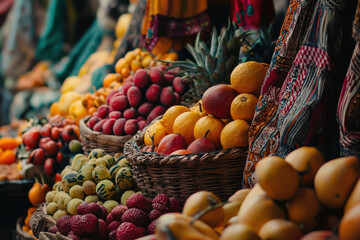 Wall Mural - Close-up of colorful fruits in baskets at a traditional outdoor market.