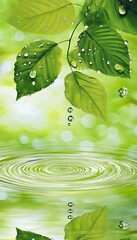 Wall Mural - Close up of a green leaf with water droplets over calm waters and intricate nature reflections