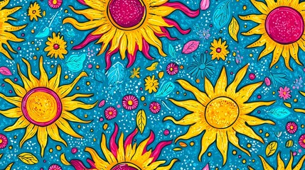 Wall Mural - Vibrant sunflowers and wildflowers pattern, summer floral design, textile print