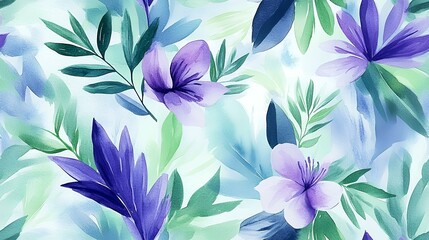 Wall Mural - Watercolor floral seamless pattern; purple flowers, green leaves, light blue background; textile, wallpaper design