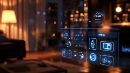 Smart home control interface displayed on a transparent screen in a dimly lit living room at night.