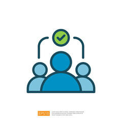 Poster - three stylized figures with a checkmark above them, symbolizing approval or agreement in a group setting. Flat line style icon