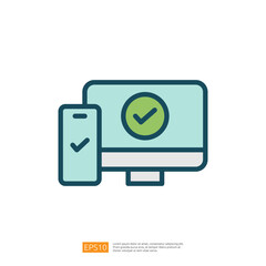 Poster - a computer and a smartphone, both displaying check marks, symbolizing successful completion or verification of tasks. Flat line style icon