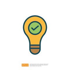 Poster - a light bulb with a checkmark inside, symbolizing ideas, solutions, or confirmed concepts. It represents creativity and innovation in a simple graphic style. Flat line style icon