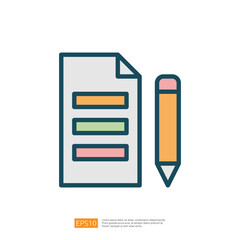 Poster - a notepad with colorful sections and a pencil, symbolizing note-taking or organization. Flat line style icon