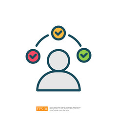 Poster - a simplified graphic of a person with three checkmarks above, symbolizing approval, decision-making, or task completion. Flat line style icon