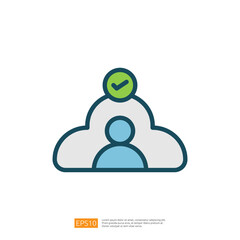 Poster - A simple graphic depicting a person inside a cloud with a checkmark above, symbolizing success, achievement, or completion in a digital context. Flat line style icon