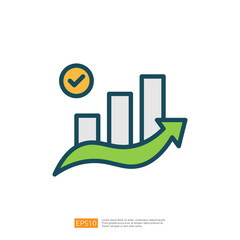 Poster - a stylized bar graph with three bars, an upward arrow, and a checkmark, symbolizing growth and success in a business context. Flat line style icon