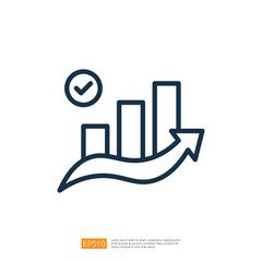 Poster - a stylized bar graph with three bars, an upward arrow, and a checkmark, symbolizing growth and success in a business context.  line style icon
