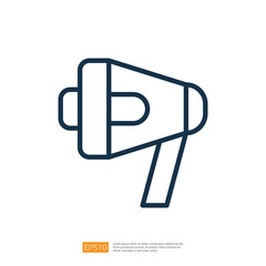 Poster - a colorful, stylized megaphone, symbolizing communication, announcements, or public speaking. It features a simple design with bold colors.  line style icon