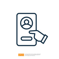 Poster - An illustration of a user profile interface with a hand pointing at it, suggesting interaction or selection.  line style icon