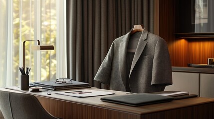 Poster - A modern office desk with a casual blazer on the chair and minimal stationery.