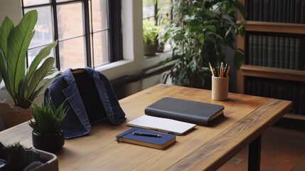 Poster - A modern office desk with a casual blazer on the chair and minimal stationery.