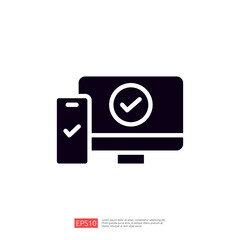 Poster - a computer and a smartphone, both displaying check marks, symbolizing successful completion or verification of tasks.  Glyph style icon