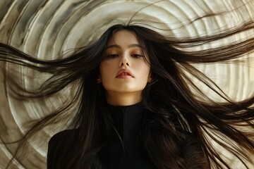 Wall Mural - A girl in black clothing with long hair flowing around her against a circular textured background