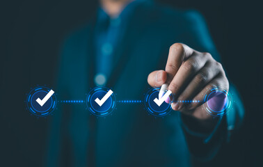 Poster - Interactive Workflow Progress and Achievement. Businessman Using Digital Check Mark System to Track Task Completion. Success, and Innovative Task Management Solutions