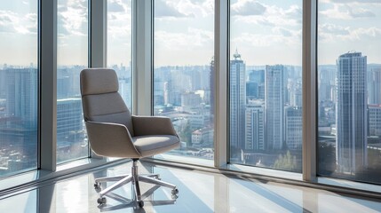 Poster - A stylish office chair positioned near a large window with cityscape views.